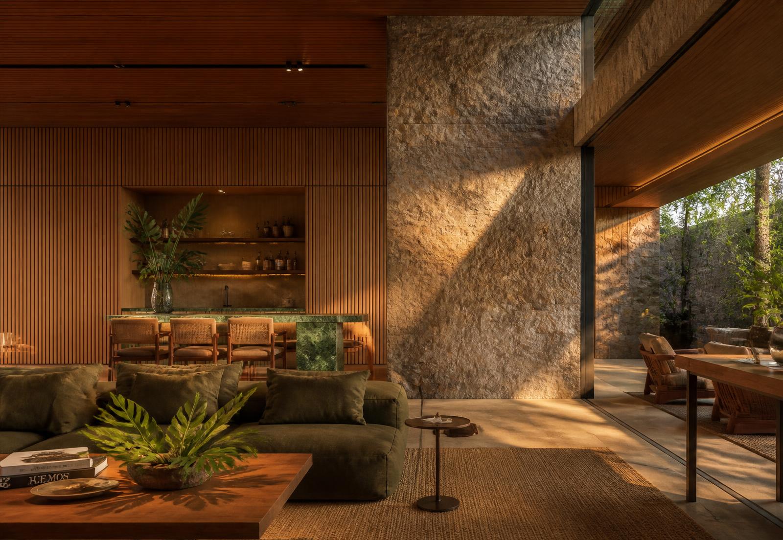 Interior residencial contemporâneo com pedra, madeira e luz natural